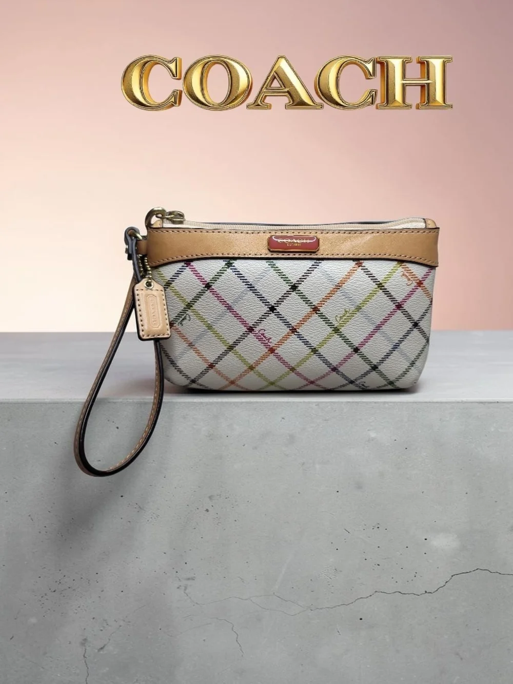 COACH Peyton Tattersall Plaid Wristlet Chalk Multi Gold Leather Trim Like New - Picture 1 of 7